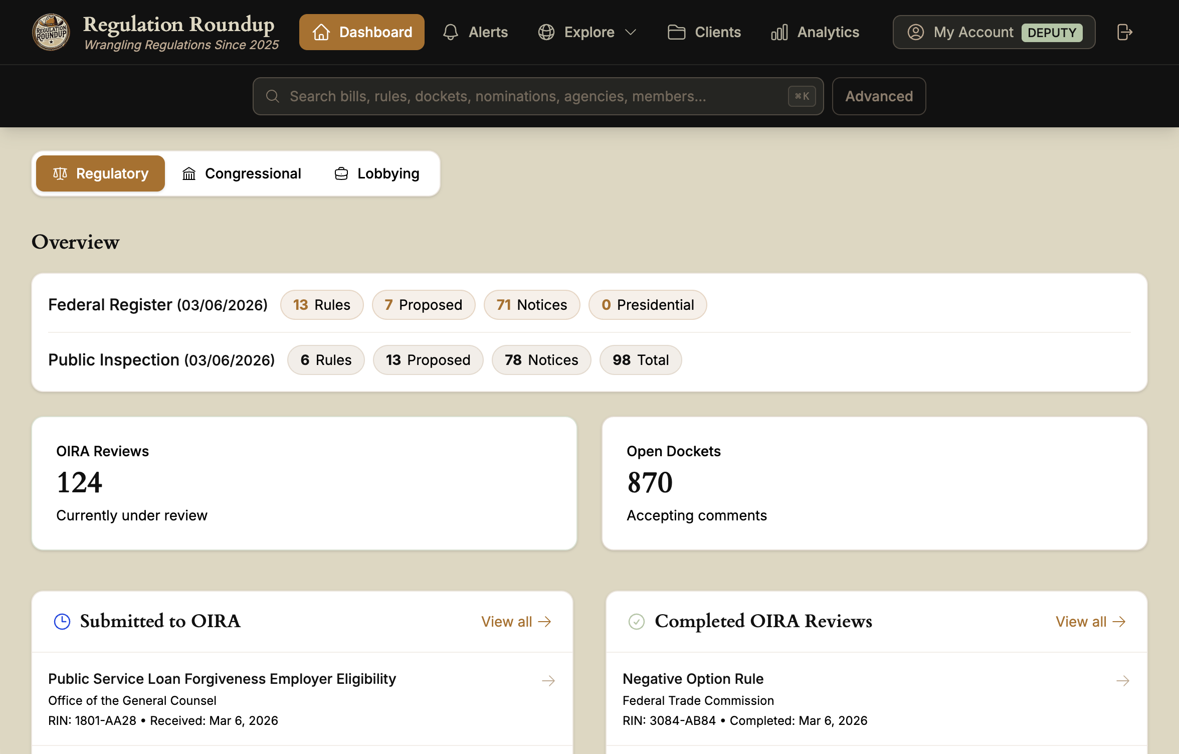 RegulationRoundup.com dashboard showing Federal Register monitoring, OIRA reviews, and congressional activity